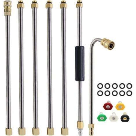 Set di 7 pezzi, kit di estensione per idropulitrice, lancia per idropulitrice, strumento per la pulizia delle grondaie, con 5 ugelli e 10 anelli anti-perdita (argento) (1/5)