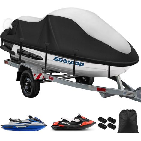 Jet Ski Abdeckung 900D Schwerlast mit 6 Befestigungspunkten XL Silber-Schwarz (1/5)