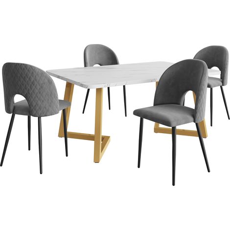 Juego de comedor de 5 piezas, mesa rectangular 117 x 68 cm y 4 sillas de terciopelo gris (1/5)