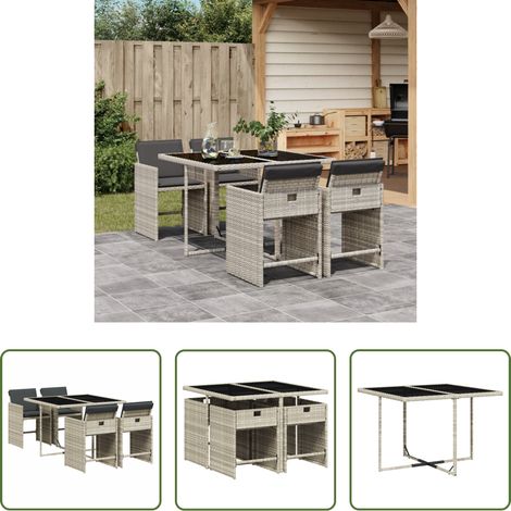 vidaXL Table de jardin - Ensemble à manger de jardin et coussins 5 pcs gris clair rotin (1/5)
