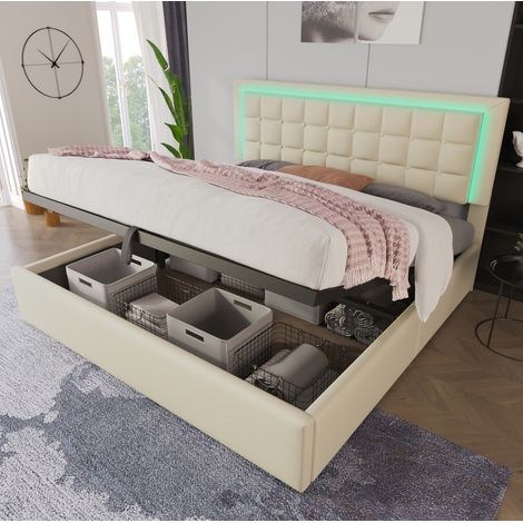 Cama doble tapizada moderna 180x200 cm en PU blanco con cabecero acolchado, LED, arcón y somier de láminas (1/5)