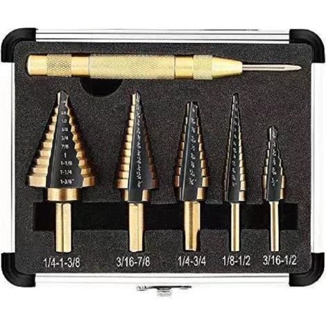 Foret Étagé 5PCS avec Poinçon Central Automatique et Foret Hélicoïdal - Coupe Conique Double Fente Revêtu de Titane (1/4)