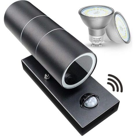 Außenwandleuchten mit PIR-Bewegungsmelder, IP44-Sicherheitsbeleuchtung, mattschwarz, 240 V, inklusive 2 x 5-W-LED-Leuchtmitteln in Warmweiß