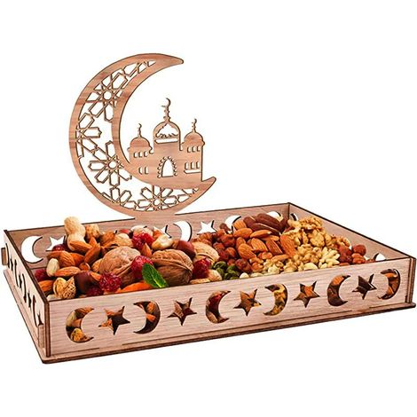 Plateau de service en bois pour l'Aïd Ramadan, motif lune et étoile Moubarak, plateau de cuisson pour desserts