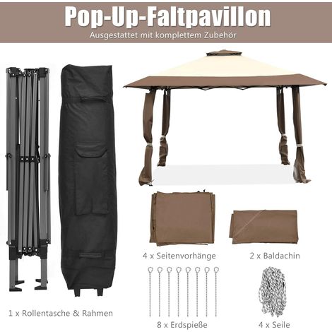 COSTWAY 4x4 m Pavillon mit Doppeldach, Partyzelt aus Oxford-Gewebe und Metall, inkl. mit Tragetasche, Gartenpavillon für Garten Party Hochzeit Festival (Braun) (1/5)