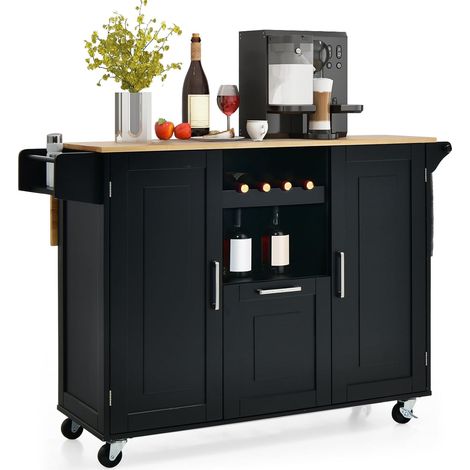 GOPLUS Desserte de Cuisine à Roulettes 130x74x90CM avec Plateau Pliable-Porte-Bouteilles/2 Armoires à Portes/Poignée Noir (1/5)