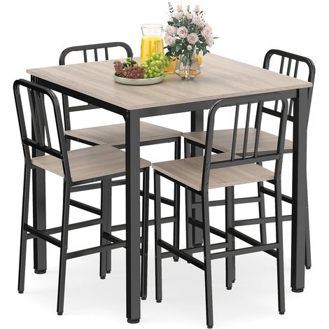 Table de salle à manger avec 4 chaises, table haute de cuisine et 4 tabourets de bar à dossier incliné, structure en métal, pour 5 personnes, style (1/5)
