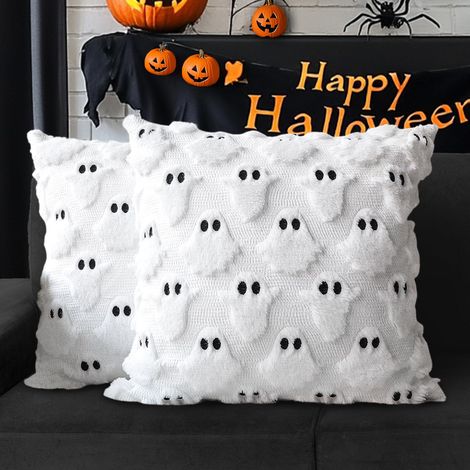2 taies d'oreiller fantôme Halloween, peluche, housses de coussin brodées fantôme 3D, 45 x 45 cm, blanches. (1/5)