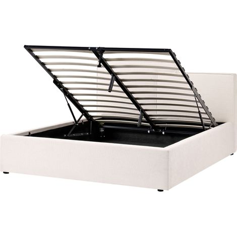Ottoman Bed Off-White Fabric Upholstery EU King Size Asymetrical Headboard Storage Function Scandi LAGARDE