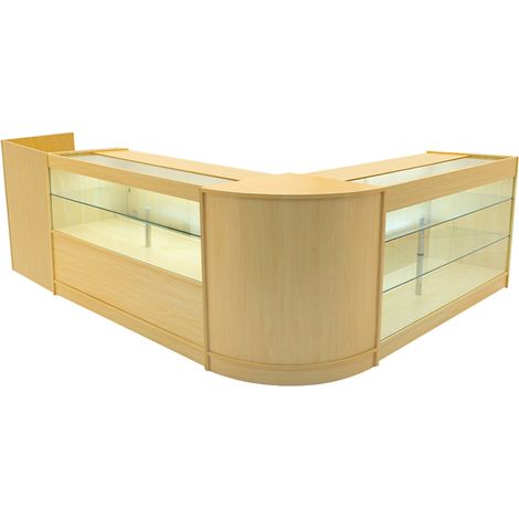 Set Mostradores Comerciales "VEGA"   Arce CM60 + K1500 + C1500 + TB60 MDF y vidrio templado  Estantes y puertas corredizas con cerradura  Fácil Montaje  Mostrador Recepción Expositor Comercial Mesa