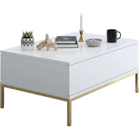 Dmora - Wohnzimmertisch Dfiamozz, Niedriger Wohnzimmertisch, Kaffeeregal, Couchtisch für Sofa, 90x60h40 cm, Weiß und Gold