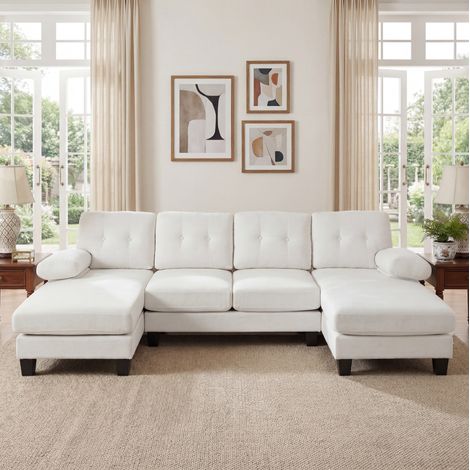 Canapé en U 268x128x84 cm beige en chenille avec double chaise longue et accoudoirs amovibles (1/5)