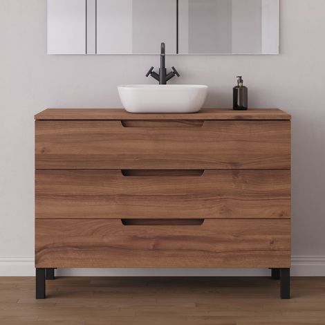 Meuble de salle de bain 120cm avec plateau et vasque à poser arrondie - 3 tiroirs - sans miroir - noyer (bois foncé) - RIZA (1/5)