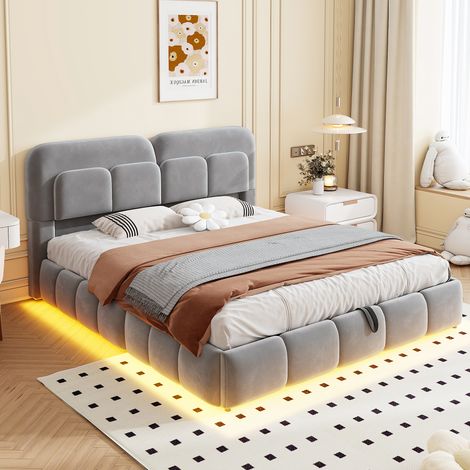 Lit coffre rembourré 140x200cm avec LED et tête de lit capitonné - Velours - Gris (1/5)