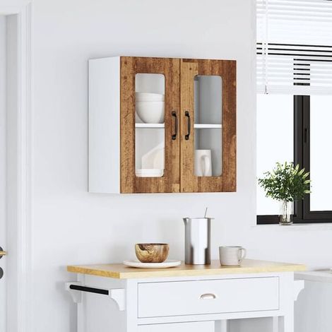 Meuble de Cuisine Suspendu en Bois Style Rétro avec Porte Vitrée - Placard Mural Vintage pour Rangement, Design Lucca (1/5)
