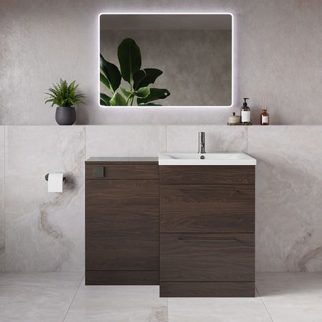 Napoli 460 Brown Oak 1100mm 2 Drawer Vanity Unit Toilet Suite with Glide Basin - 1100mm - Gunmetal Grey 320mm HandleWithout Kingston Toilet Pan