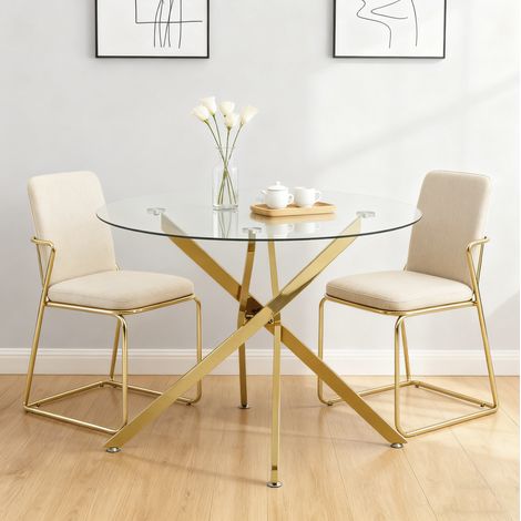 Tavolo rotondo in vetro temperato con gambe in metallo dorato, base incrociata, 88x88x8 cm (1/5)