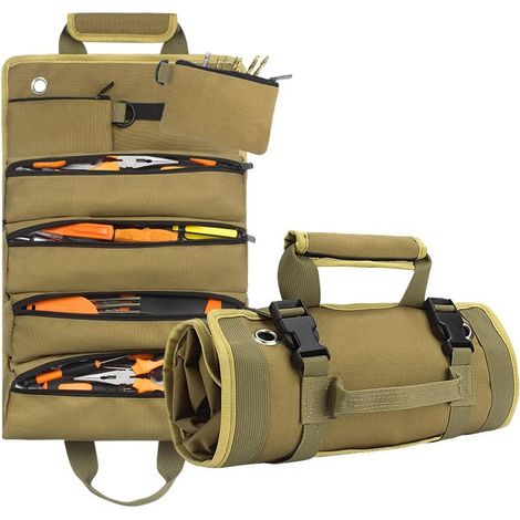 Sac à outils roulé (kaki), quincaillerie multifonctionnelle, pour électricien (1/4)