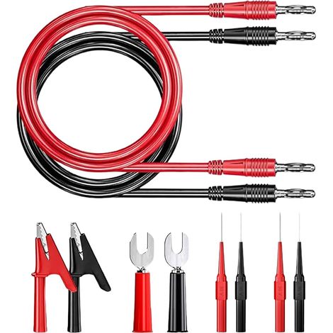 Kit Câbles Test Multimètre avec Fiches Banane et Pinces Crocodile 2 Câbles Fiche Banane 4mm + 2 Pinces Crocodile + 4 Sondes Mesure + 2 Fiches Bêches Noir (1/5)