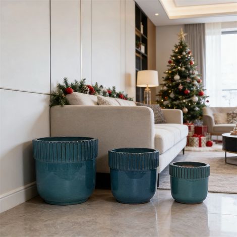Lot de 3 Pots de Fleurs en Céramique Fait Main - Ø38/30.5/23cm - Pots Respirants avec Bordure Cannelée - Bleu Turquoise (1/5)