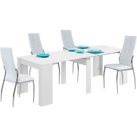 Conjunto de Mesa Extensible Multiposición + 4 Sillas en Color Blanco Mate y Plata (1/5)