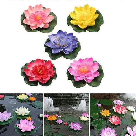 Lot de 10 nénuphars artificiels flottants en EVA, fleurs de lotus, décoration de bassin, 10 cm, rouge, jaune, bleu, rose, rose clair. Lotus artificiel pour piscine. (1/2)