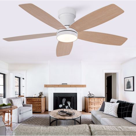 Ventilateur de plafond 42 pouces avec lumière LED, 5 pales bois, télécommande, blanc/naturel, OKWISH (1/5)