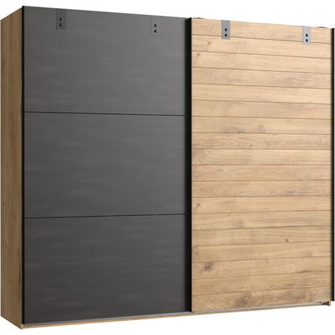 Pegane – Armoire 2 portes coulissantes imitation chêne poutre – Dimensions L200 x H218 x P65 cm – Compartiments et penderies spacieuses