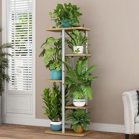 Étagère à Fleurs 5 Niveaux Métal Stable, Support Plante Design Gain de Place, Étagère Plantes, Salon Balcon Jardin Chambre, Bois