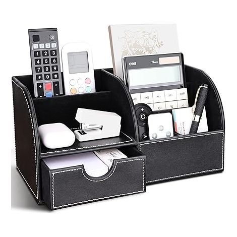 Organisateur de Bureau Multifonctions Pot a crayon en Cuir Rangement Bureau Organisateur avec tiroir (Noir) (1/5)