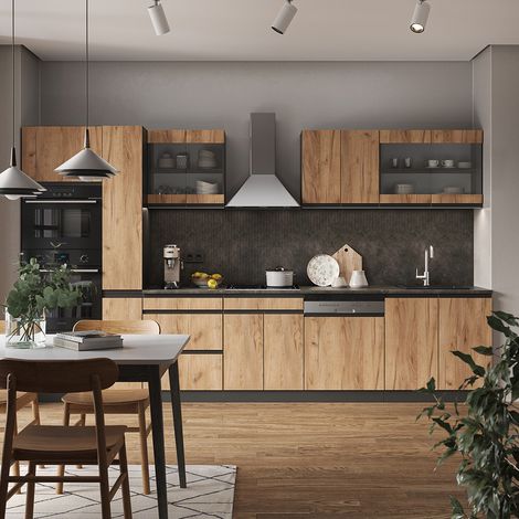 Mueble de cocina R-Line, Oro power roble/antracita, 350 cm En forma de J, con armario alto, sin encimera, Vicco