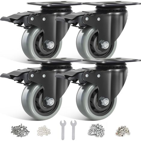 Kit de 4 Roulettes Pivotantes Grises 75mm avec Frein Roulette Charge Lourde Jusqu'à 500KG Roulettes à Plaque avec Vis Roulettes Pour Meubles, Chariots et Établis Double Roulement à Billes (1/5)