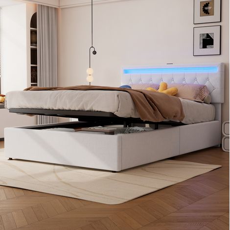 MEUBLIV Lit 140x200 cm blanc – lit coffre avec LED, USB-C et rangement, sans matelas (1/5)