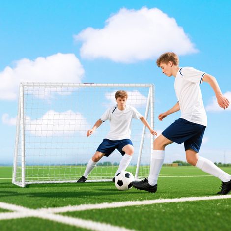 But de football avec filet – Poteaux PVC et piquets de sol. installation rapide. dimensions 2.4 x 1.8 m. blanc – But portable pour matchs amicaux (1/5)