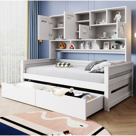 MEUBLIV Lit 90x200 cm blanc – rangement intégré et 2 tiroirs, sans matelas (1/5)