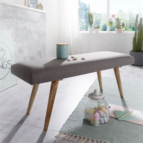Sitzbank Stoff / Massivholz Bank Grau im Retro Stil B/H/T ca. 117/51/38cm (1/5)