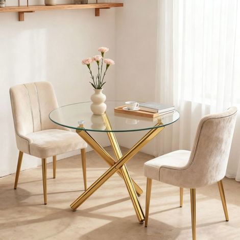 Table à Manger 80 x 80 x 76 cm plateau en verre trempé forme ronde pieds dorés style moderne style minimaliste (1/5)
