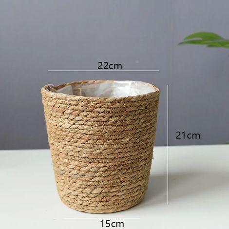 Pot de fleurs rond en osier de mer tressé avec insert en plastique pour plantation directe – Conteneur pour plantes – 21 cm (1/5)
