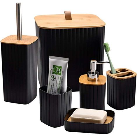 Set d’Accessoires de Salle de Bain 6 pièces Poubelle Distributeur de Savon Noir