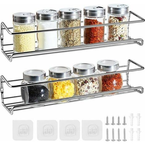 royaluxe - Porte Épices Cuisine Étagère à Épices Adhésif Acier Inoxydable Mural Etagère de Douche sans Perçage Cuisine Spice Rack Organisateur de Salle de Bain d'étagère de Stockage 2 Pack 92x6x6cm Ar (1/5)