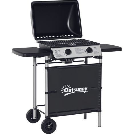 Barbecue gaz 2 brûleurs en acier inoxydable, puissance 2,8 kW, barbecue de jardin 2 grilles, 104 x 49 x 99 cm, noir