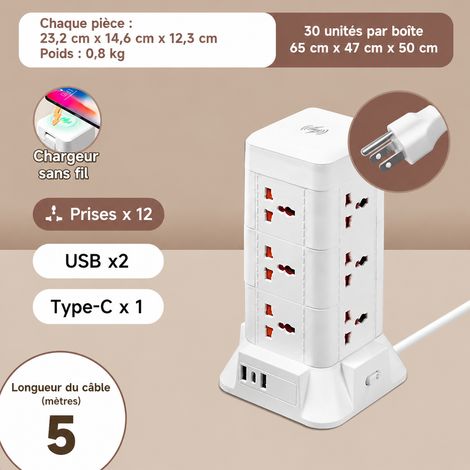 Tour multiprise 3 étages avec chargeur sans fil et USB câble 5 m blanche c23 5 36 12 14,5 × 12,5 × 23,5 cm 800 g – Livraison gratuite