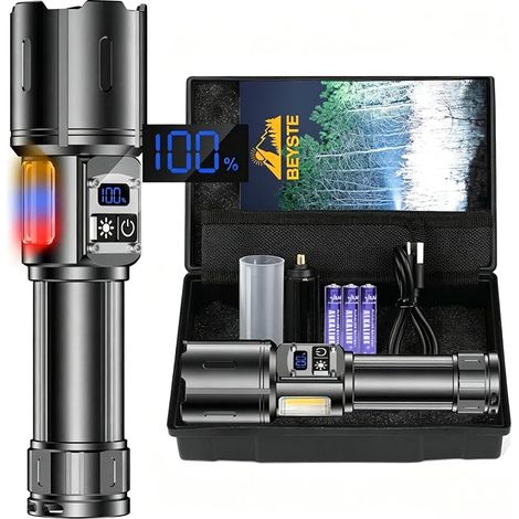 Linterna LED ultrabrillante, 1.000.000 lúmenes, recargable por USB, 9 modos, con luz lateral COB, linterna táctica para camping, emergencias y regalos. (1/5)