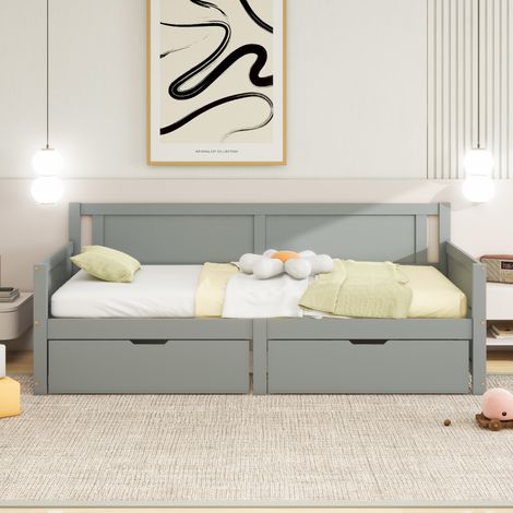 Canapé-lit 90 x 200 cm avec rangement, lit simple en bois massif, convertible canapé lit enfant, gris – idéal chambre, studio, petit espace (1/4)