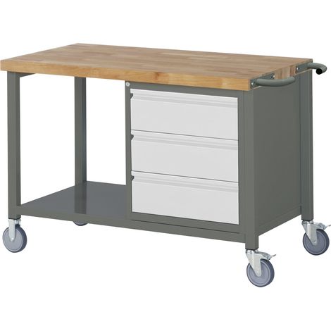 STIER Fahrbare Werkbank Premium, 3 Schubladen, 125x70x88cm, pulverbeschichteter Stahl & Buche (1/4)