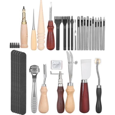 Ensemble de 33 outils pour le travail du cuir : sculpture, estampage et poinçonnage. Accessoires de travail pour le cuir. (1/5)