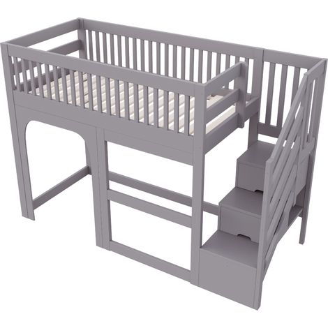 Lit mezzanine enfant 90 x 200 cm gris avec escalier de rangement, LED, garde-corps et sommier HOMVRA (1/5)