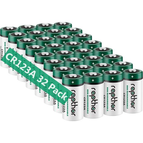 Lot de 32 piles au lithium CR123A 1650 mAh CR123 3 V protégées PTC pour caméras, lampe de poche, alarme, capteurs intelligents (non rechargeables, ne convient pas pour Arlo) (1/5)