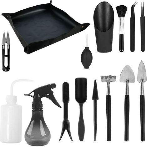 Kit d'outils pour Plantes Grasses, 14 Mini Outils de Jardin à Main + 1 Tapis de rempotage, râteau pour Plantes d'intérieur, Outils à Main de Jardinage, Noir (1/5)