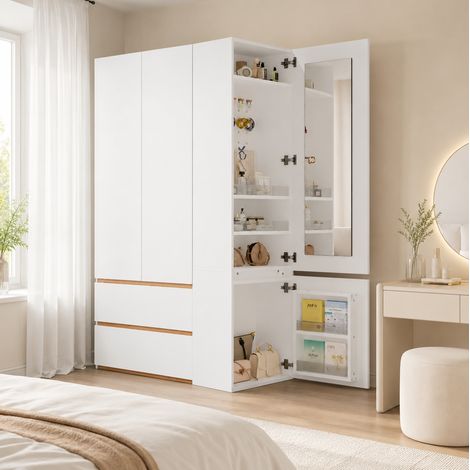 MODFU – Armoire 2-en-1 120x50x200 cm MDF/panneaux particules – Miroir, penderie et coiffeuse – 2 tiroirs et charge 30/20 kg – Chambre – Blanc (1/5)